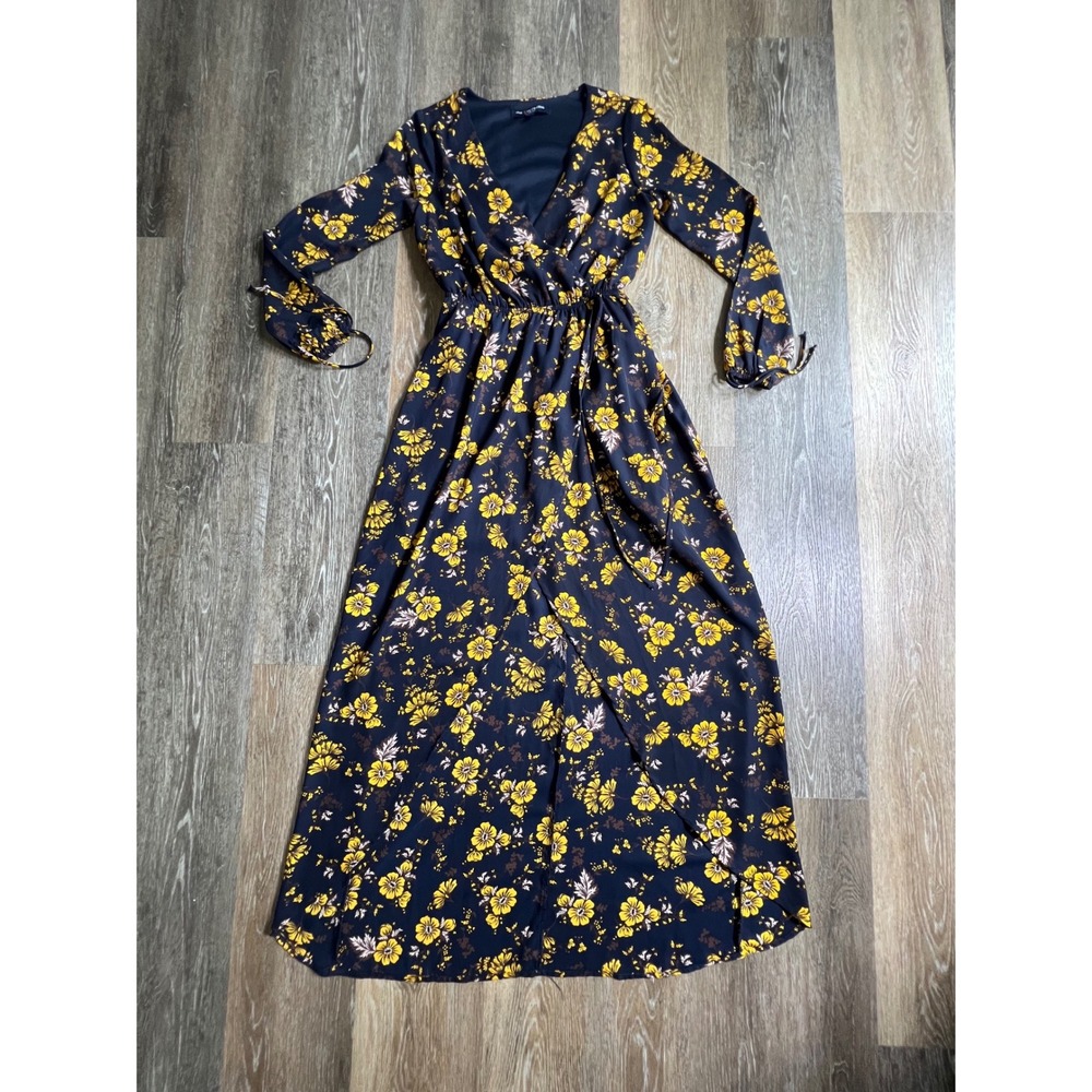 One Clothing Floral Maxi Dress Womens XS Navy Yellow Surplice V-Neck Long Sleeve